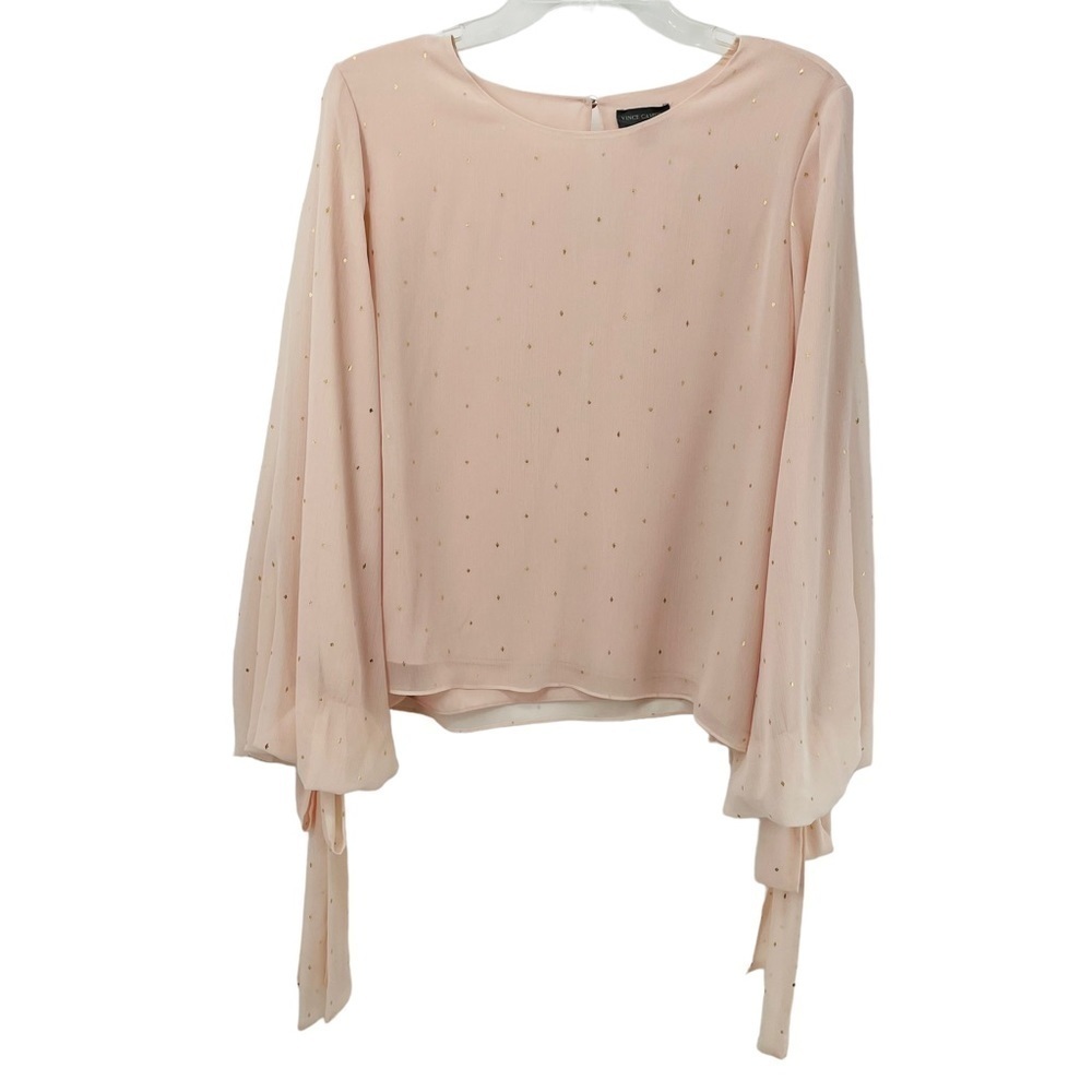 Vince Camuto Blush Pink w/Gold Diamond Dots & Tie Cuff Lined Chiffon Blouse Sz M